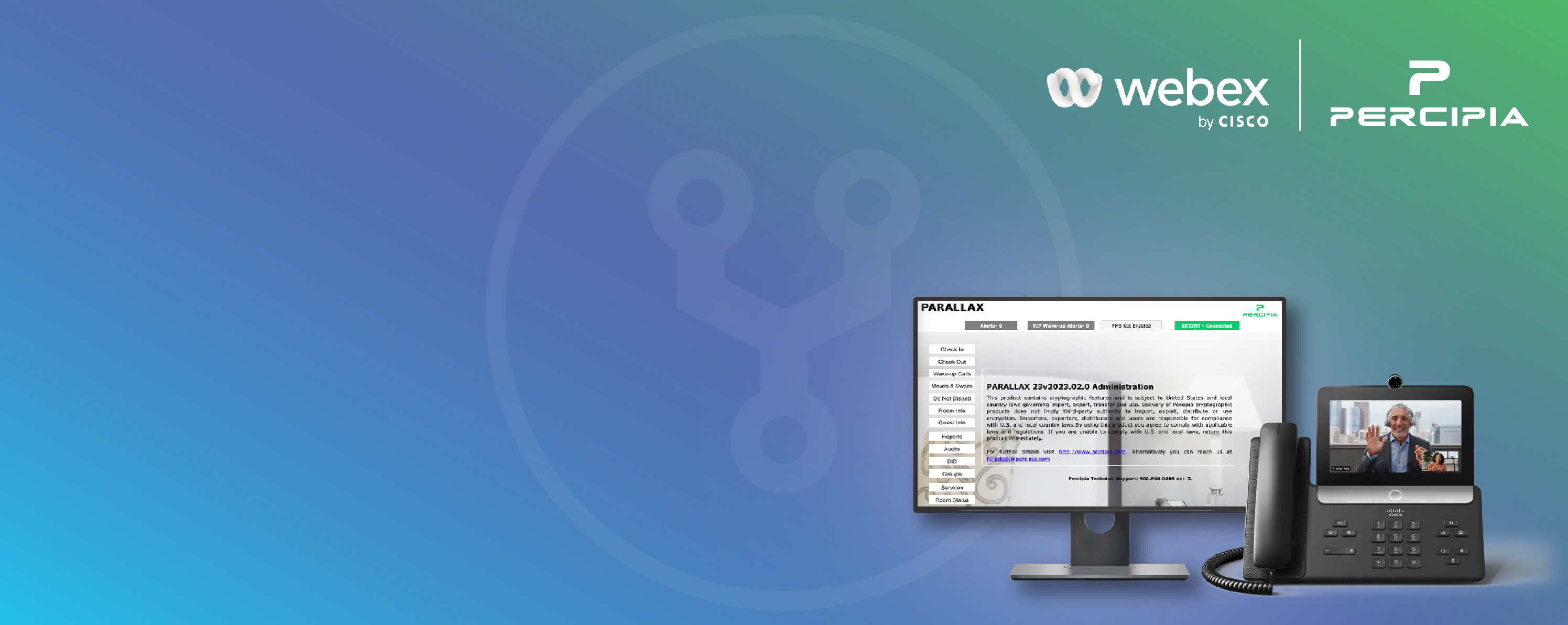 Parallax administration on a monitor beside a Cisco Webex video desk phone, with Webex and Percipia logos